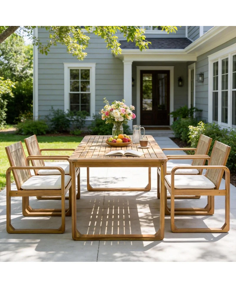Asagikoiai 5-Piece Acacia Outdoor Dining Set, Rope Back Chairs and Teak Finish Table
