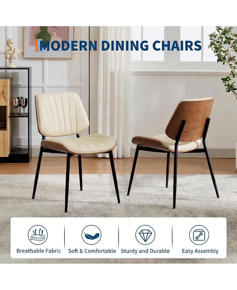 homfan Set of 6 Dining Chairs, Upholstered Pu Leather Kitchen Side Chairs with Curved Walnut Bentwood Back, Metal Legs and Adjustable Feet