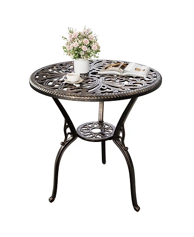 homfan Round Patio Coffee Table with Umbrella Hole, Vintage Floral Cast Aluminum Outdoor Side Table for Porch, Garden, Backyard