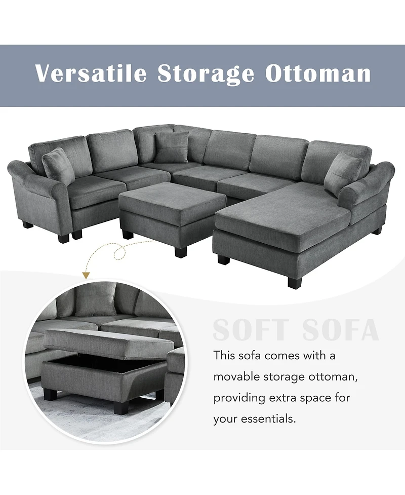 Clihome Sectional Sofa U-shaped Sofa with Movable Storage Ottoman