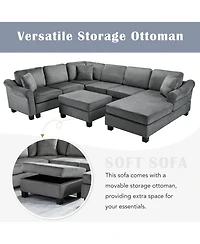 Clihome Sectional Sofa U-shaped Sofa with Movable Storage Ottoman