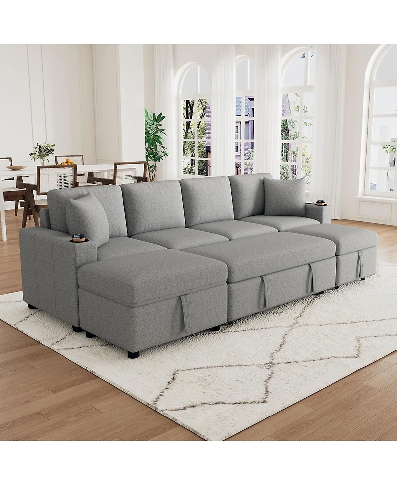 Clihome Sectional Sofa Bed L-shaped Sofa with Movable Storage Ottoman