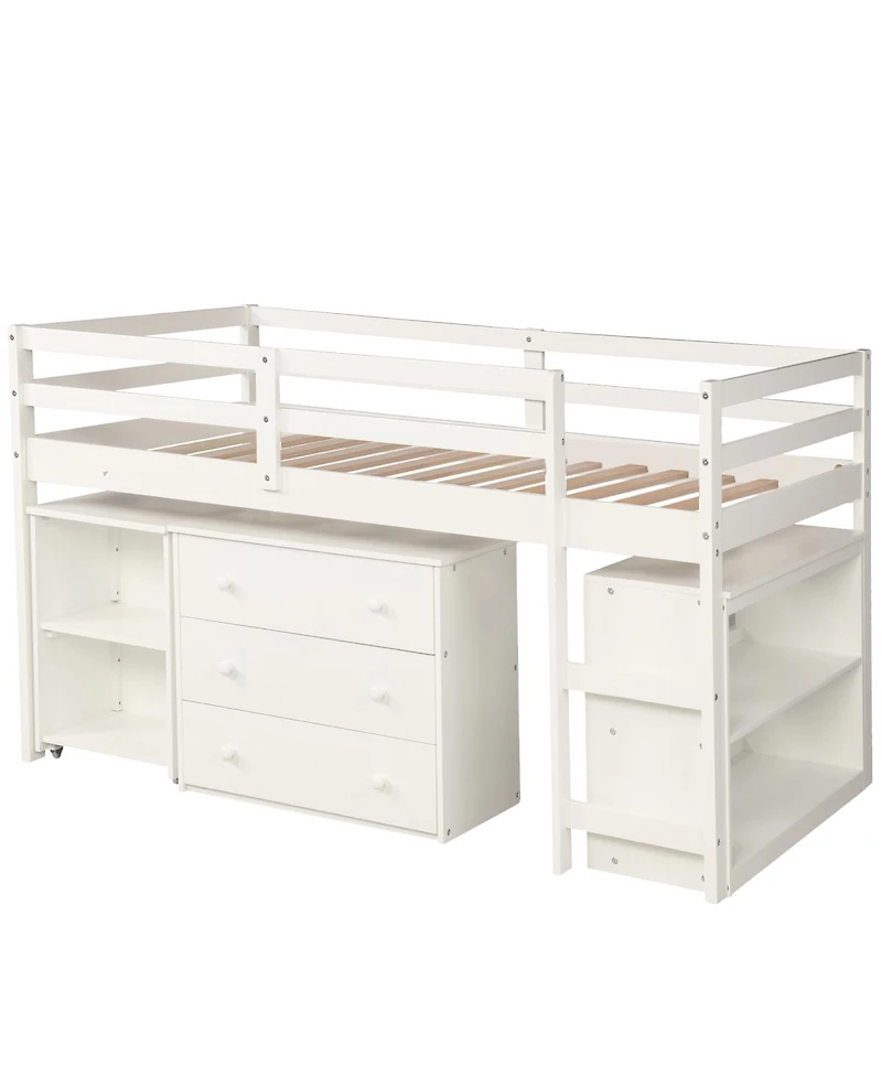 Streamdale Furniture Low Study Twin Loft Bed with Cabinet and Rolling Portable Desk