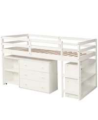 Streamdale Furniture Low Study Twin Loft Bed with Cabinet and Rolling Portable Desk