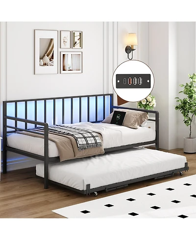 Streamdale Furniture Daybed with Led Lights Charging Station and Trundle