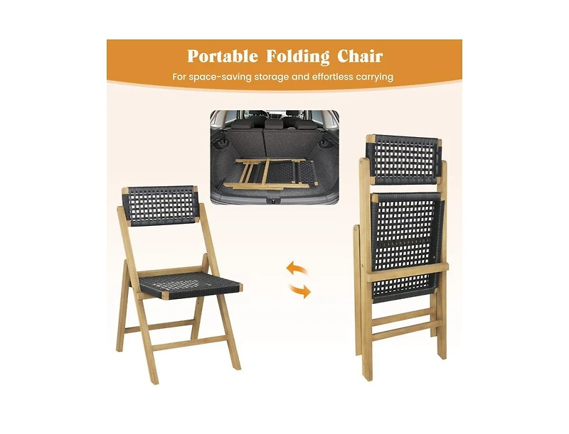 Lucky One Set of 2 Folding Teak Wood Dining Chairs with Woven Rope Seat and Back