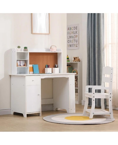 Homfan 96" Kids Study Desk with Cabinet and Drawer, Children Writing Table with Storage, Engineered Wood Home Office Desk for Bedroom
