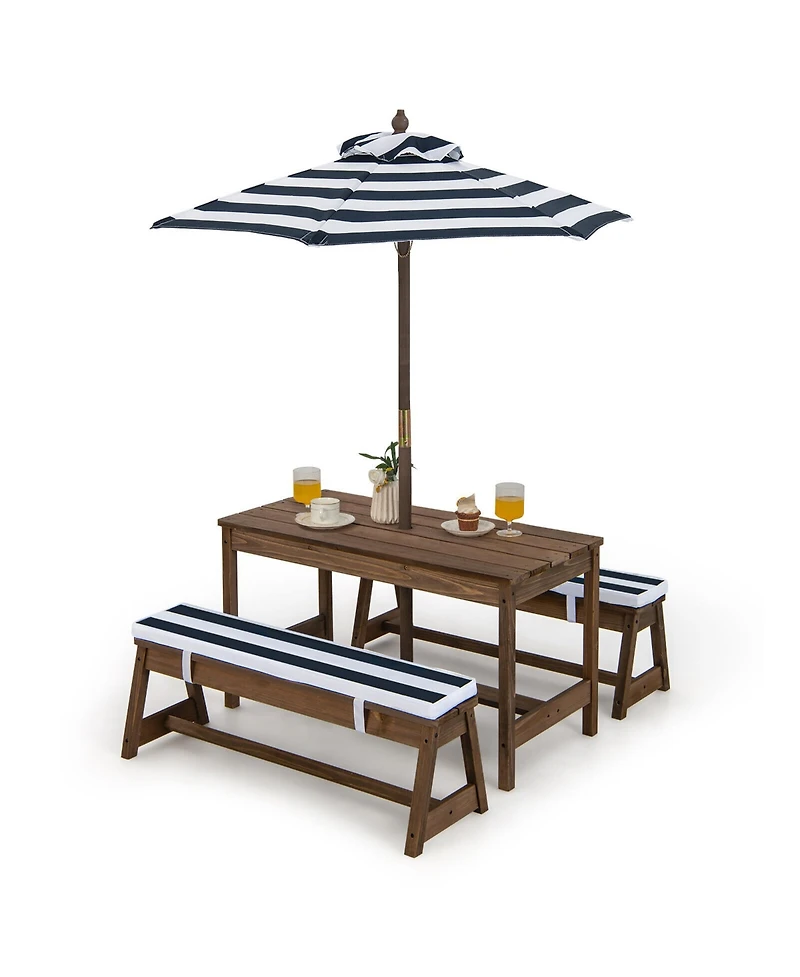 Gymax Kids Wood Picnic Table and Bench Set With Cushions Umbrella for Indoor Outdoor