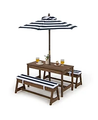 Gymax Kids Wood Picnic Table and Bench Set With Cushions Umbrella for Indoor Outdoor