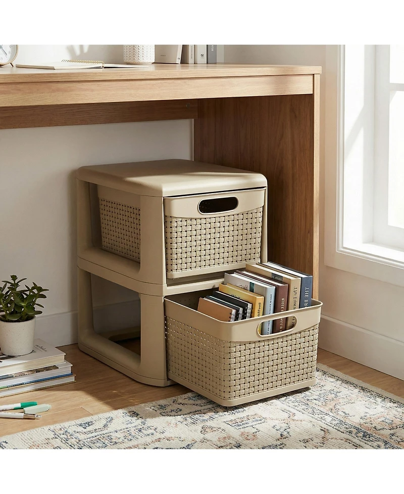 Costway 2-Drawer Storage Cabinet with Wicker Patterns, Handles for Bedroom, Bathroom