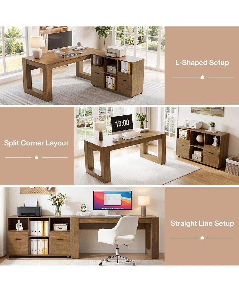 Tribesigns L Shaped Desk with Rolling File Cabinet, 63-Inch Executive Home Office Set, Wood Farmhouse Style, Storage Shelves and Drawers
