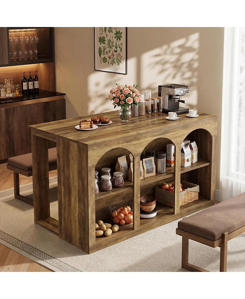 Tribesigns Bar Table, 55-Inch Counter Height Pub Table with 2-Tier Arched Storage Shelves, High Top Large Home Bar Unit