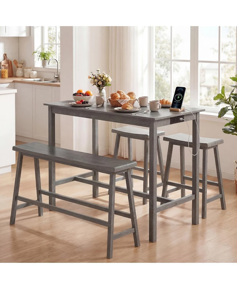 Slickblue Counter Height Kitchen Table Set 4 Piece Solid Rubber Wood with Outlet