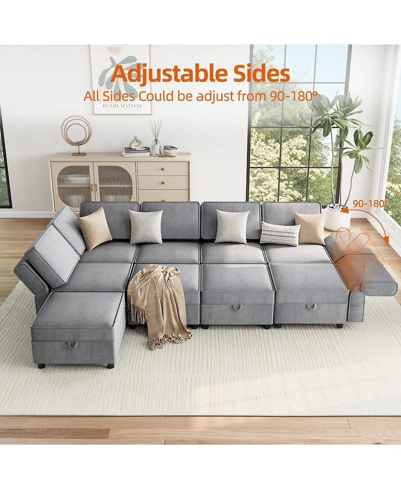 139.4" Chenille Reversible Sectional Sofa, 9-Seater Modular, Comfy Sleeper with Chaise, U-Shape Couch with Storage Seats and Ottomans, Grey