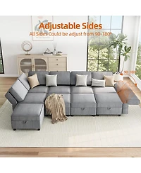 139.4" Chenille Reversible Sectional Sofa, 9-Seater Modular, Comfy Sleeper with Chaise, U-Shape Couch with Storage Seats and Ottomans, Grey
