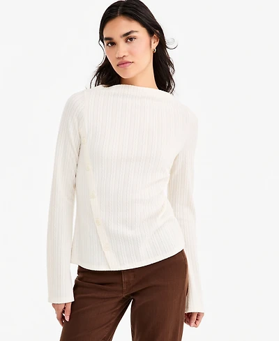 Liverpool Los Angeles Women's Boat-Neck Asymmetrical-Button-Placket Bell-Sleeve Blouse