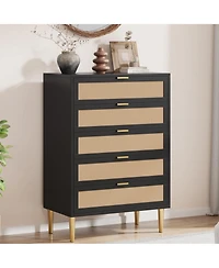 homfan Rattan-Style 5-Drawer Tall Dresser with Gold Legs and Handles, Anti-Tip Storage Tower for Bedroom, Living Room, Hallway