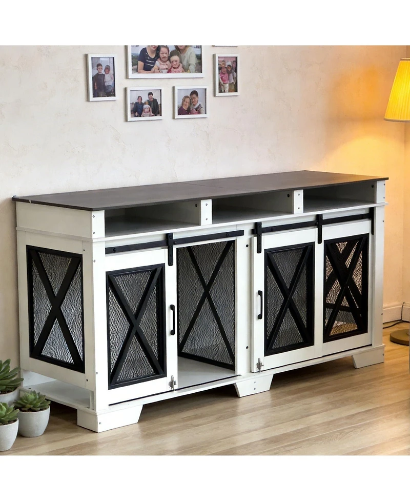 homfan 71'' Dual-Panel Cage, Double Layer Steel and Particleboard, Large Double Compartment Crate, Metal Wood Kennel, Indoor Outdoor Heavy Duty Cage