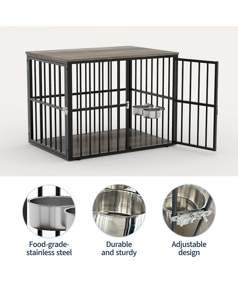 homfan Heavy Duty Wooden Dog Crate, 43'' Double Doors, Adjustable Bowls and Storage Drawers, Kennel for Medium and Large Dogs, Chew-Resistant Design