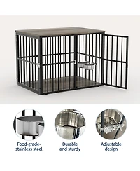 homfan Heavy Duty Wooden Dog Crate, 43'' Double Doors, Adjustable Bowls and Storage Drawers, Kennel for Medium and Large Dogs, Chew-Resistant Design