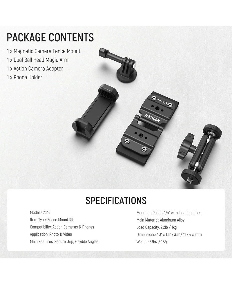 Neewer CA144 Camera Mounting Accessory for select GoPro, Dji and Insta360 action cameras