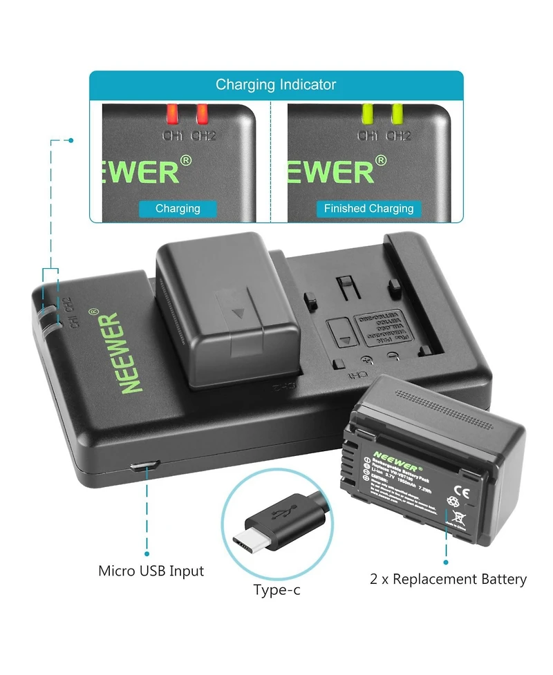 Neewer Vw-VBT190 Camera Battery and Charging Accessory with 1950 mAh for Panasonic Hc-V110 V130 V160 V180 Hc-V201 V210 V250
