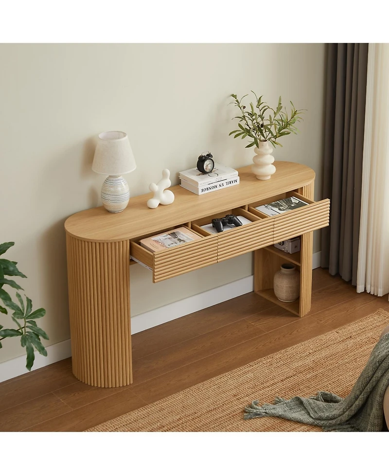 Rainsken Retro Console Table, with Storage, 3 Drawers, 1 Table-Leg Niche, Round Slat Aesthetic, for Entrance, Dinning Room, Living Room