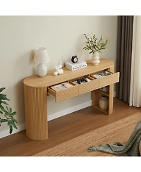 Rainsken Retro Console Table, with Storage, 3 Drawers, 1 Table-Leg Niche, Round Slat Aesthetic, for Entrance, Dinning Room, Living Room