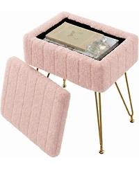 gaomon Vanity Stool with Storage, Faux Fur Ottoman with Metal Legs and Anti-Slip Feet