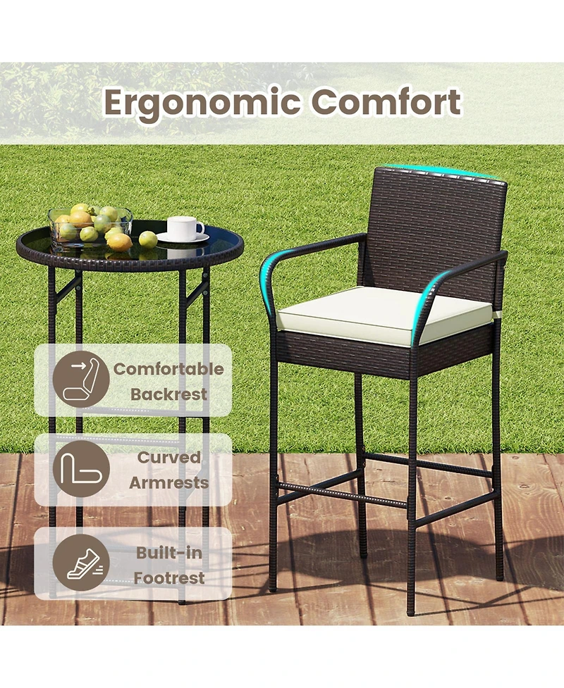 Gymax Set of 3 Outdoor Bar Set Heavy-Duty Metal Barstool and Table Set with Glass Tabletop
