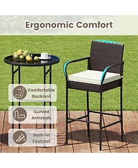 Gymax Set of 3 Outdoor Bar Set Heavy-Duty Metal Barstool and Table Set with Glass Tabletop