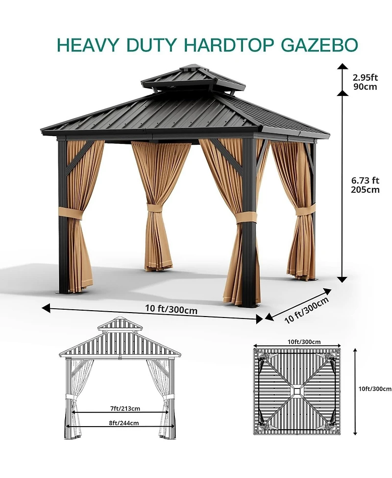 gaomon 10inch x 10inch Hardtop Gazebo, Outdoor Permanent Gazebo with Galvanized Steel Double Roof, Aluminum Frame, Netting and Curtains for Patio
