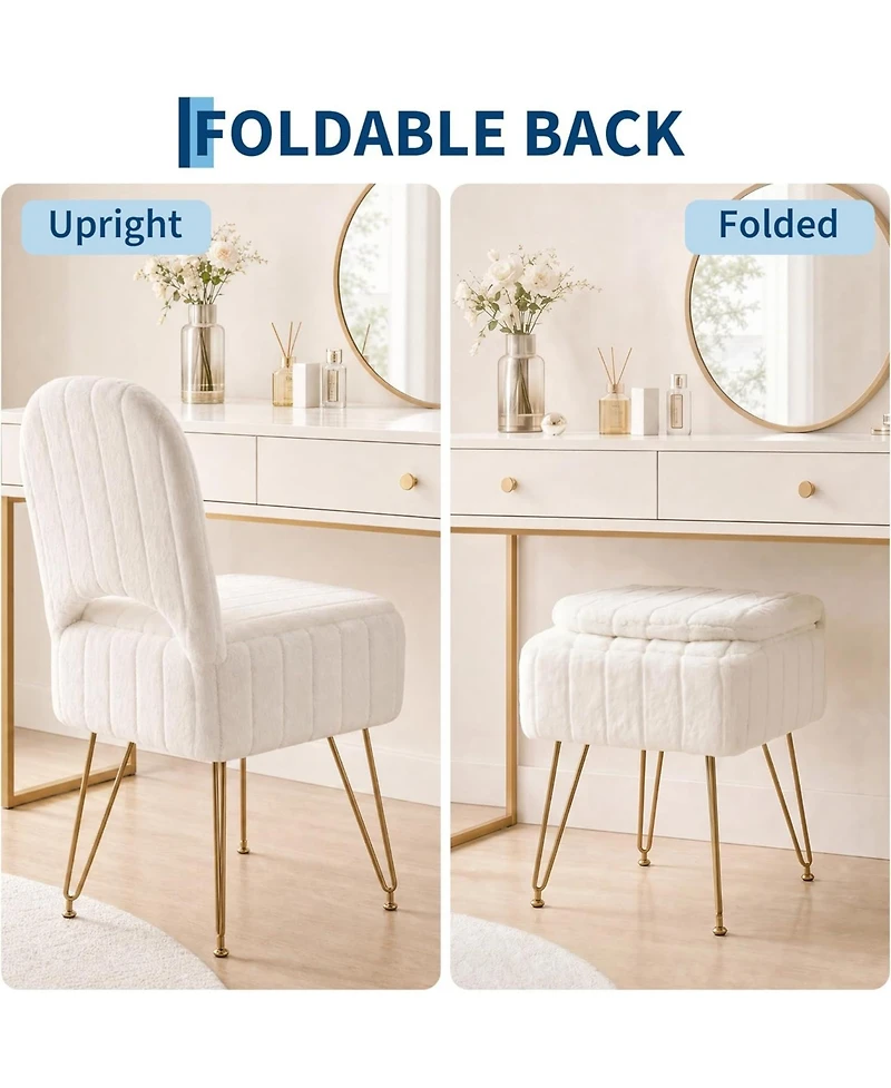 gaomon Vanity Stool Chair with Backrest, Square Ottoman with Hidden Storage Compartment, Soft Faux Fur Fabric, 280 Lbs Weight Capacity