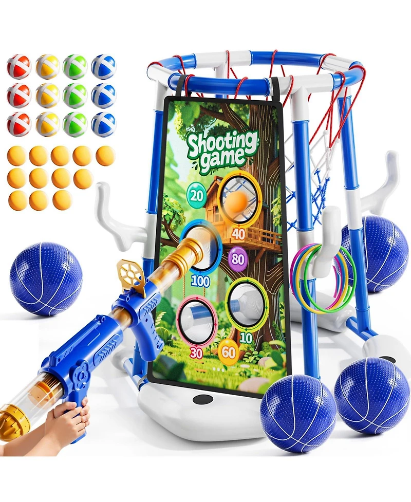 Gnuadz 4-in-1 Pool Basketball Hoop Floating Ring Game With Balls Air Pump Launcher For Kids