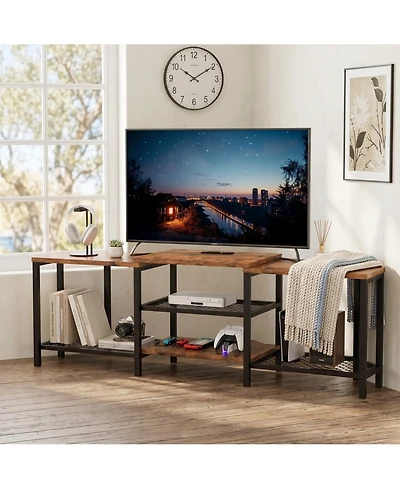 homfan Tv Stand with 4 Open Storage Shelves, Corner Entertainment Center Power Outlets, Media Console for Living Room Led Lights