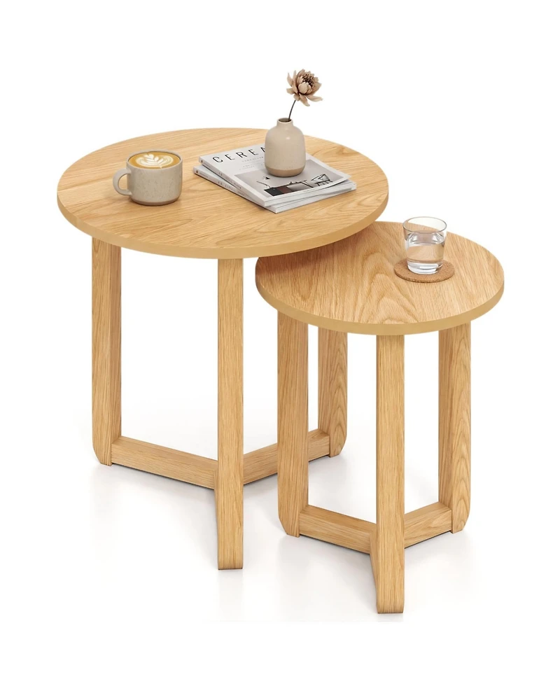 Slickblue Round Wood Nesting Coffee Tables Set of 2 with Thick Top Surface Design