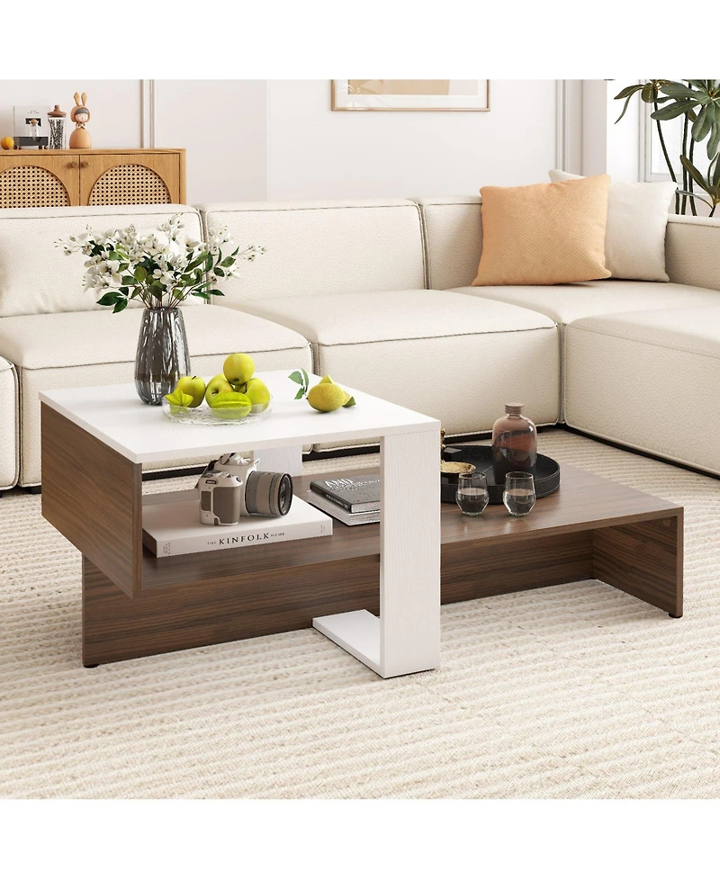 Slickblue Modern 2-Tier Coffee Table with Geometric Design and Storage Shelves