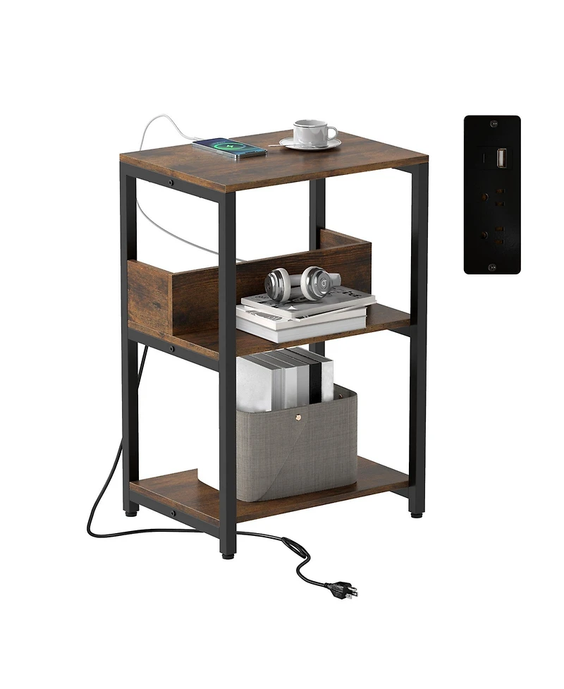 Slickblue Side Table with Built-In Charging Ports and Multi-Tier Open Shelving