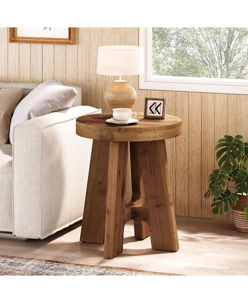 Tribesigns Solid Wood End Table, Farmhouse Round Side Table for Couch, Rustic Side Table with Heavy-Duty Legs, Small Bedside Table