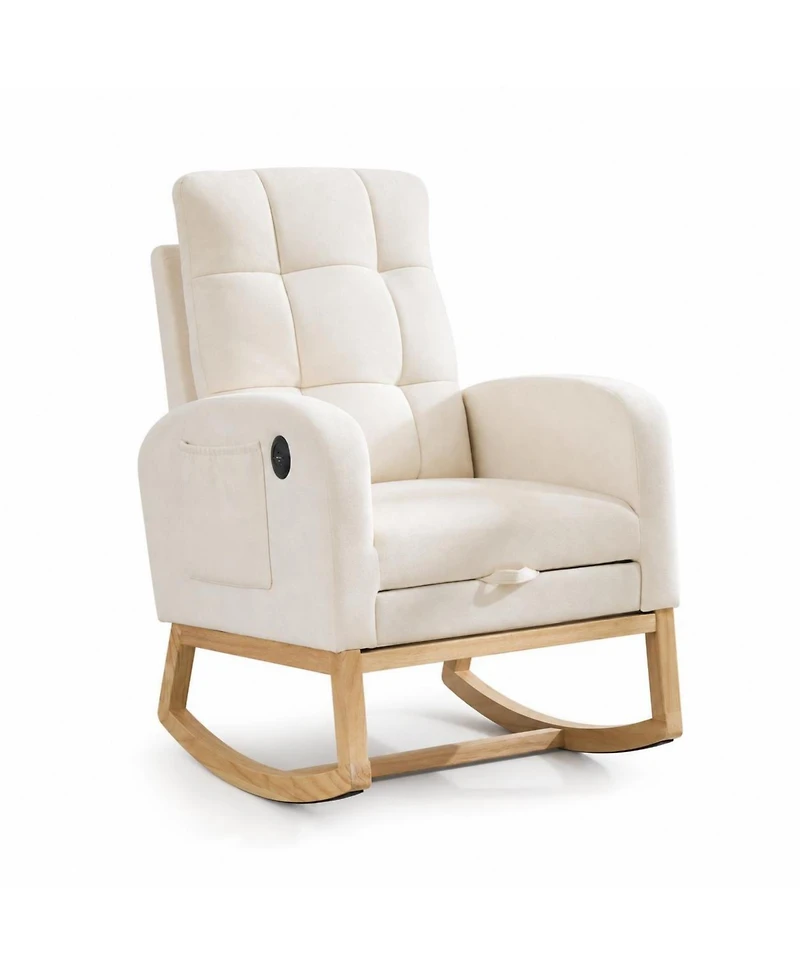 homfan Nursery Rocking Chair with Adjustable Footrest, Corduroy Upholstered Tufted Rocker with Side Pocket for Living Room