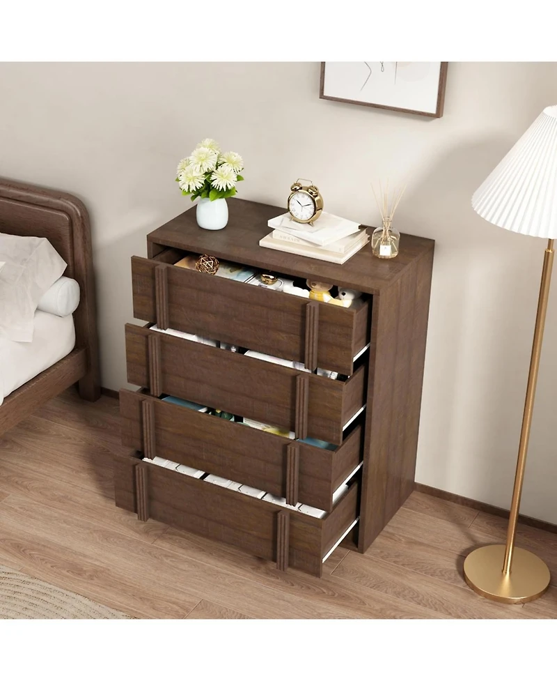 homfan 4-Drawer Wood Storage Cabinet Modern Nightstand with Vertical Handle, Bedside Dresser for Bedroom, Living Room, Entryway and Dorm