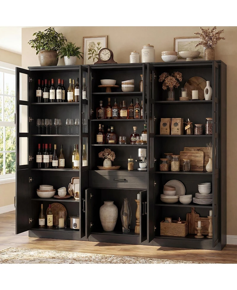 Aheaplus Set of 3 Kicthen Storage Pantry Cabinet with Glass Door and Drawer
