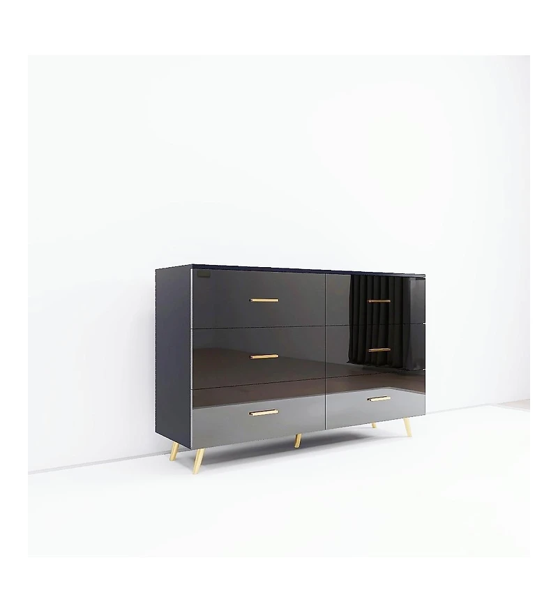 Flynama High Gloss 6-Drawer Storage Chest with Golden Handles and Metal Legs Home Bedroom Vanity Cabinet