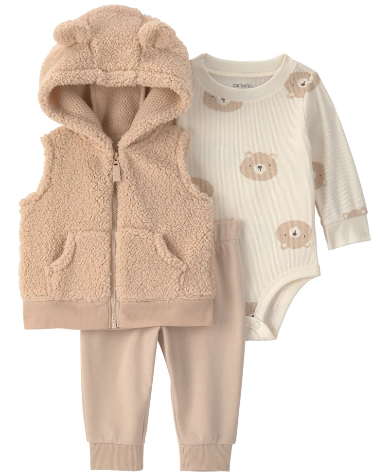 Carter's Boys' Bear Teddy Fleece Layering Long-Sleeve Bodysuit, Vest and Pants, 3-Piece Set