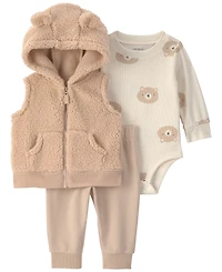 Carter's Boys' Bear Teddy Fleece Layering Long-Sleeve Bodysuit, Vest and Pants, 3-Piece Set