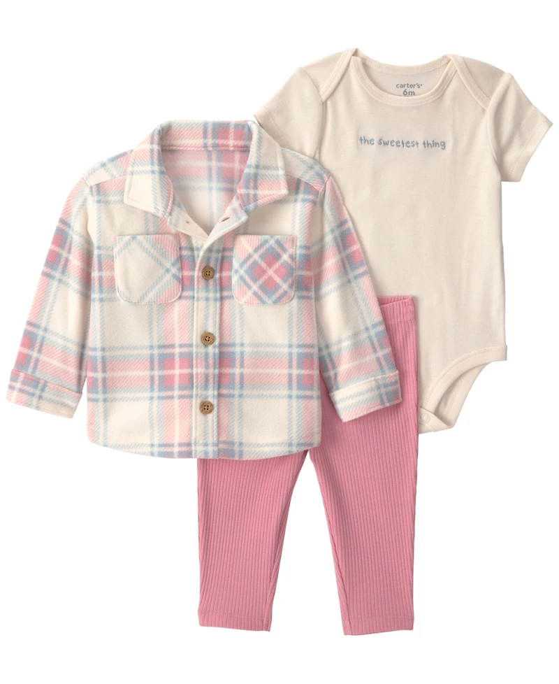 Carter's Girls' Plaid Fleece Layering Short-Sleeve Bodysuit, Shacket and Pants, 3-Piece Set