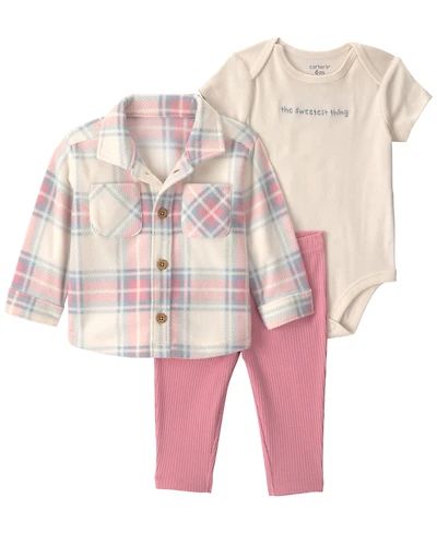 Carter's Girls' Plaid Fleece Layering Short-Sleeve Bodysuit, Shacket and Pants, 3-Piece Set