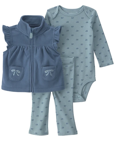 Carter's Girls' Bows Fleece Layering Long-Sleeve Bodysuit, Vest and Pants, 3-Piece Set