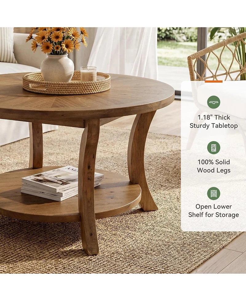 Tribesigns 31.5" Round Solid Wood Coffee Table with Storage Shelf, Farmhouse Circle Center Table for Living Room