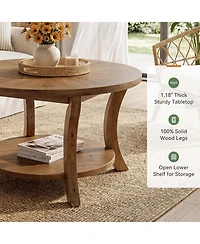 Tribesigns 31.5" Round Solid Wood Coffee Table with Storage Shelf, Farmhouse Circle Center Table for Living Room